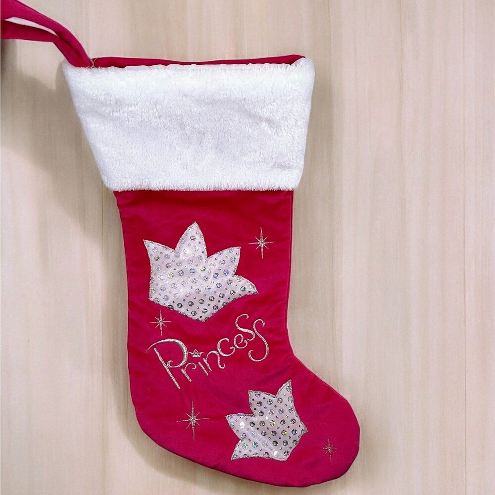 Princess Sequins Christmas Stocking Red W/White Faux Fur Fireplace Mantle Hook